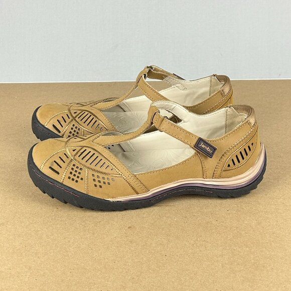 Jambu Bridget Leather T-Strap Flats Womens 7.5 Tan Hook and Loop Laser Cut - Picture 1 of 10